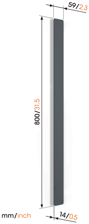Un objet rectangulaire long et étroit, gris foncé, sur fond blanc.