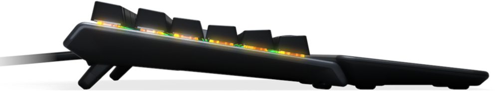 Een zijaanzicht van een zwart toetsenbord met verlichte toetsen.