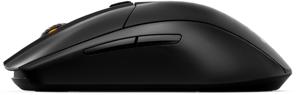 Souris de jeu noire. Possède des boutons sur le côté et une molette de défilement. Lumière orange.