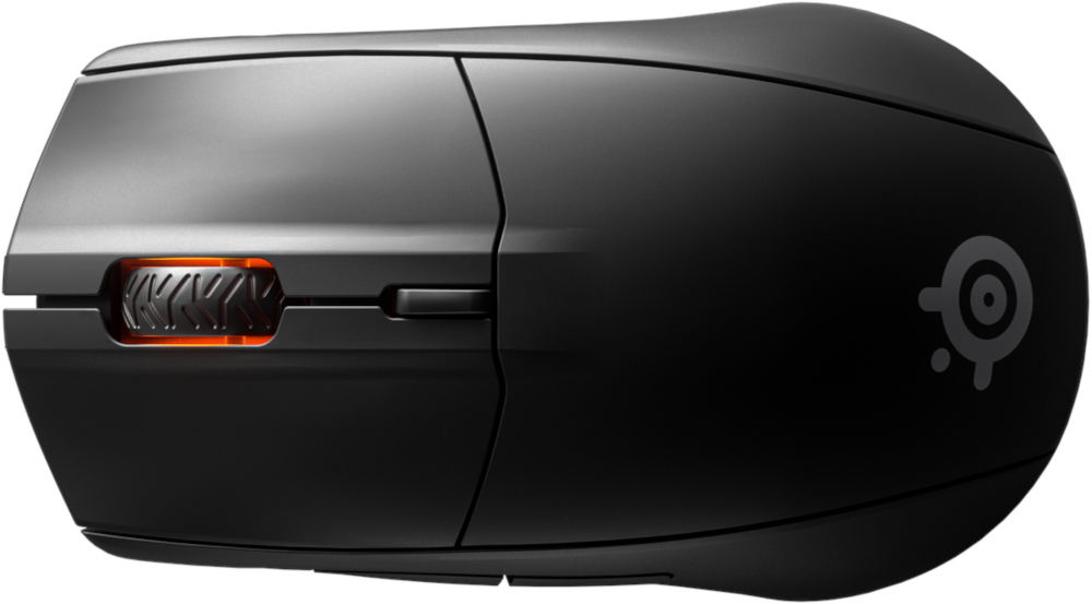Souris sans fil noire avec molette orange. Le logo SteelSeries est visible sur le côté.