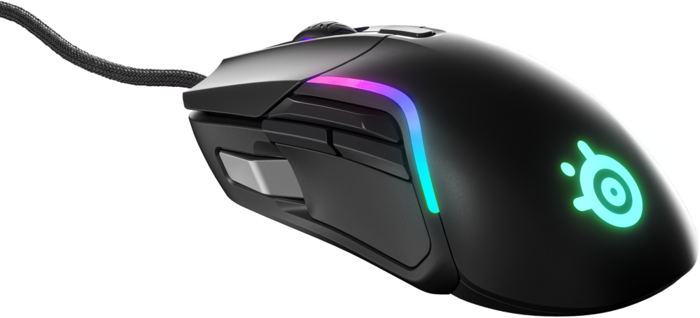 Souris de jeu noire avec lumières RVB. Logo SteelSeries visible sur le côté.