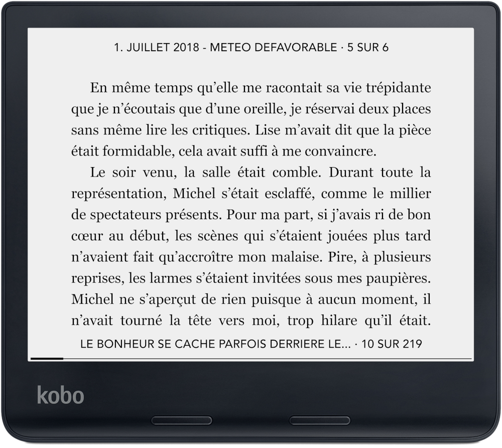 Une liseuse Kobo affichant du texte en français. Le texte est sur fond blanc.