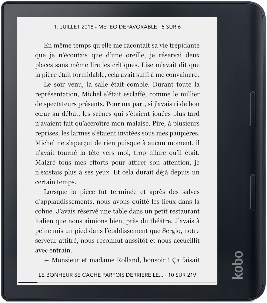 Liseuse affichant du texte. L'appareil est noir avec la marque 'kobo' en bas à droite.