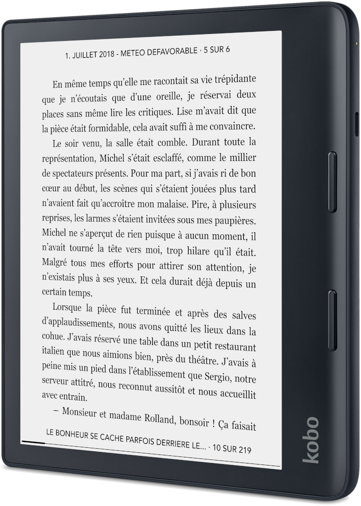 Un lecteur Kobo affichant du texte d'un roman français, sur fond blanc.