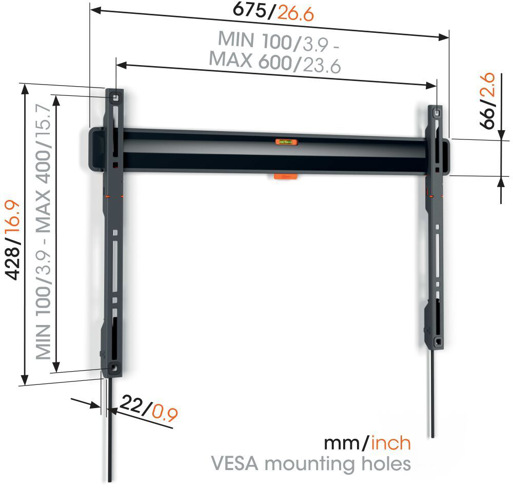 Eine TV-Wandhalterung aus Metall mit Bemaßungen in mm/Zoll.