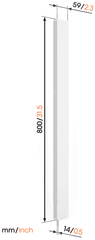 Un luminaire mural blanc et rectangulaire. Les dimensions en mm et en pouces sont fournies.