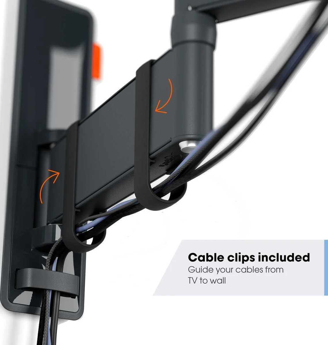 TV-Wandhalterung mit Kabelclips. Kabel werden mit den Clips verlegt.