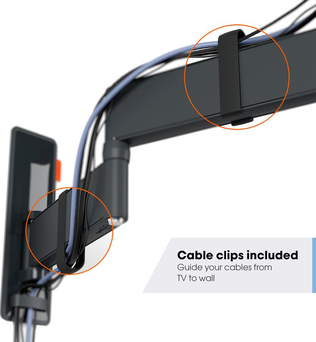 Nahaufnahme von schwarzen Kabelclips, die Kabel halten. Text: Kabelclips inklusive. Führen Sie Ihre Kabel vom Fernseher zur Wand.