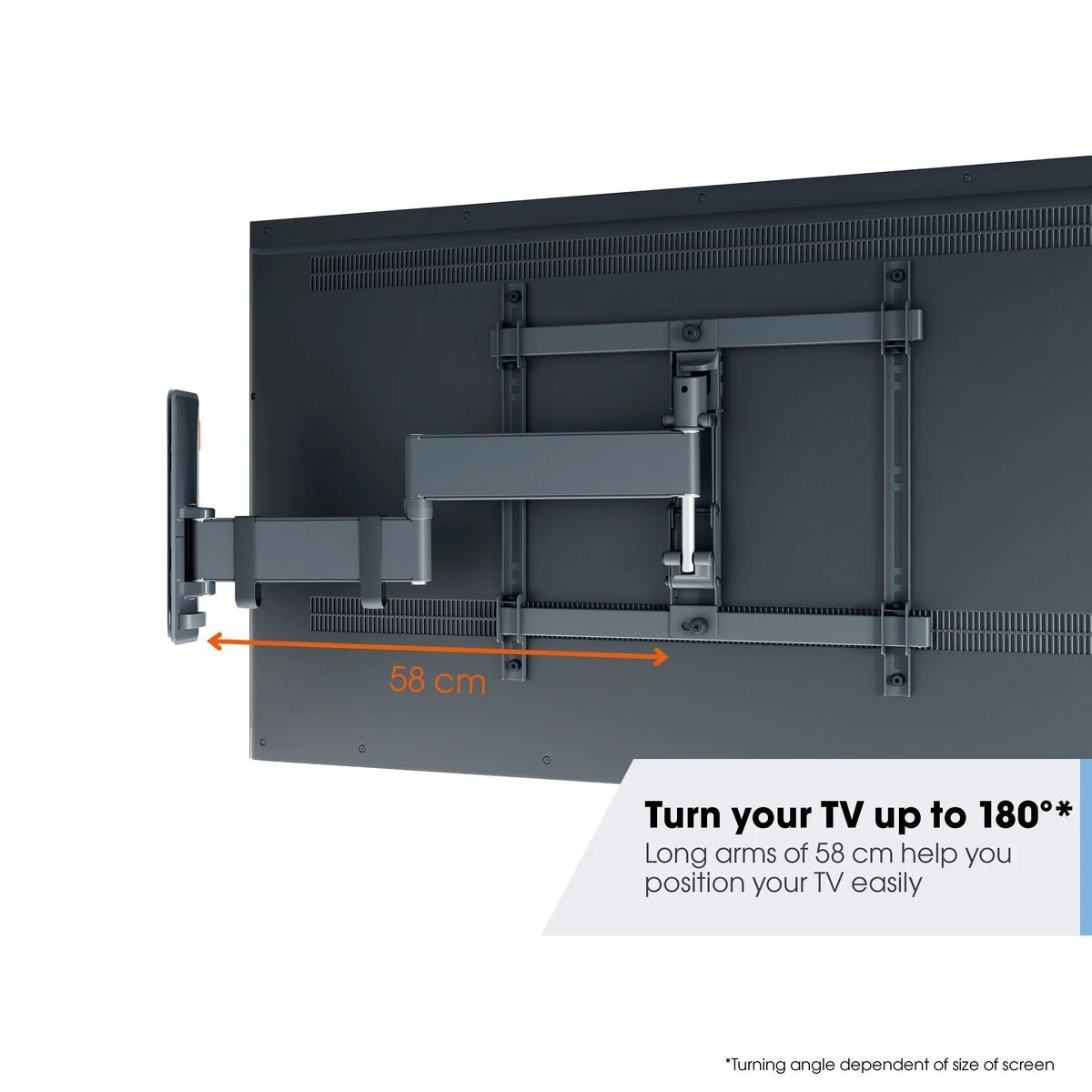TV an einer schwarzen Halterung mit Pfeil, der 58 cm zeigt. Text: TV bis zu 180° drehen.