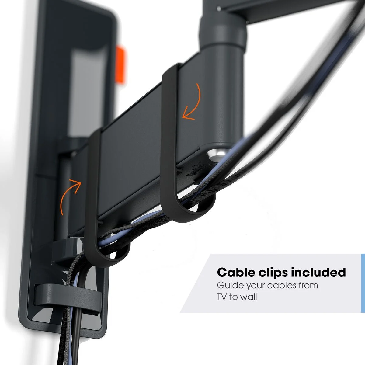 TV-Wandhalterung mit Kabelclips. Schwarz, mit Kabeln.