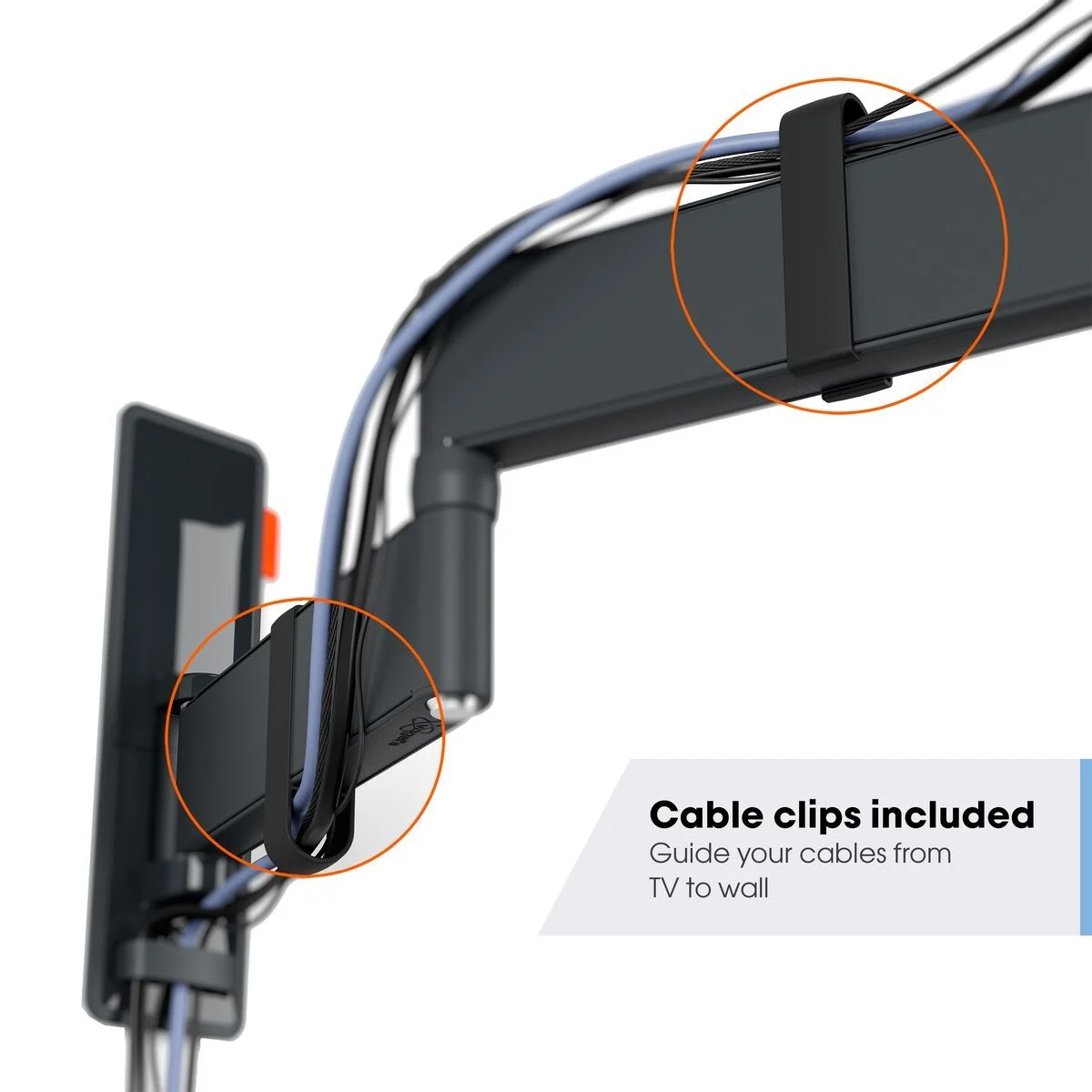 Kabelclips halten Kabel. Kabel sind blau und grau. Schwarze TV-Halterung.