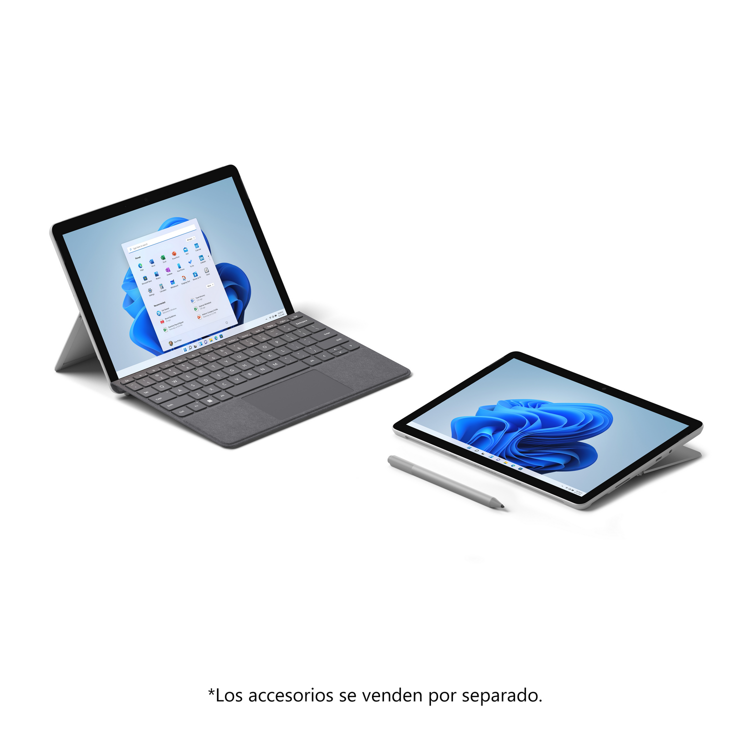 Dos tabletas Surface y un lápiz sobre una superficie blanca. Interfaz de Windows mostrada.