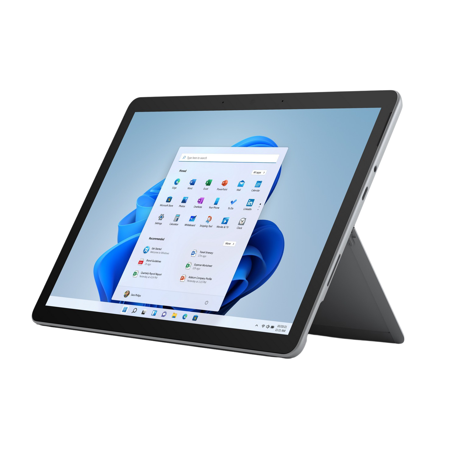Tableta con interfaz Windows, apoyada, sobre una superficie blanca.