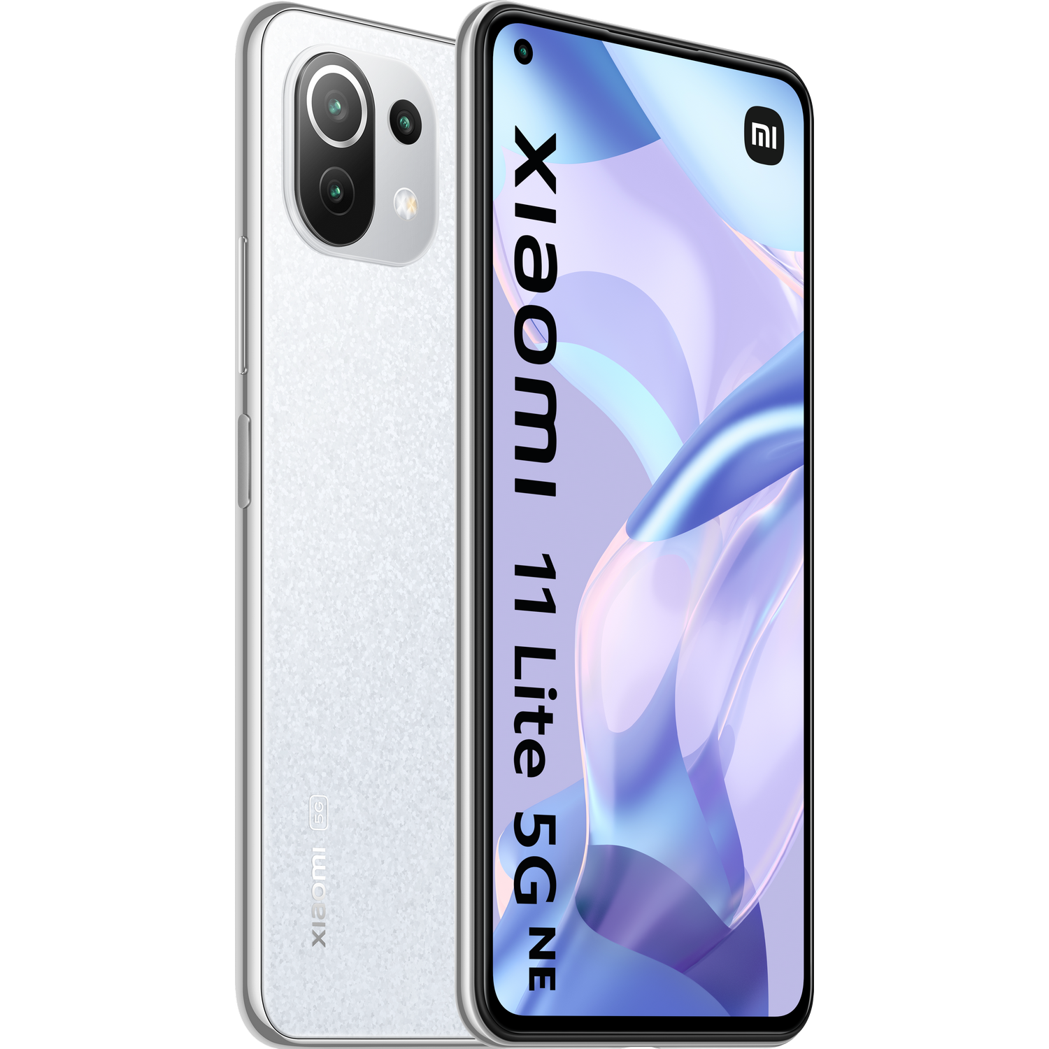 Smartphone blanco con marco plateado. Muestra la parte delantera y trasera.