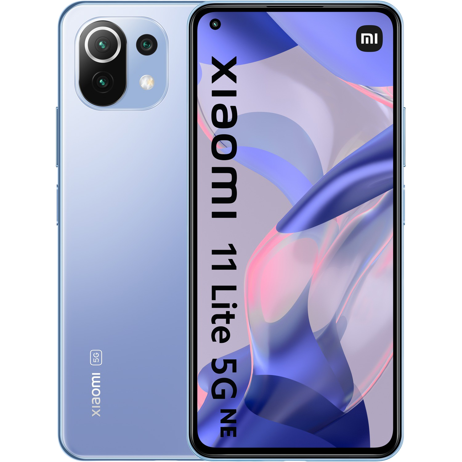 Smartphone Xiaomi 11 Lite 5G NE azul, mostrando la parte trasera y la pantalla con fondo ondulado.