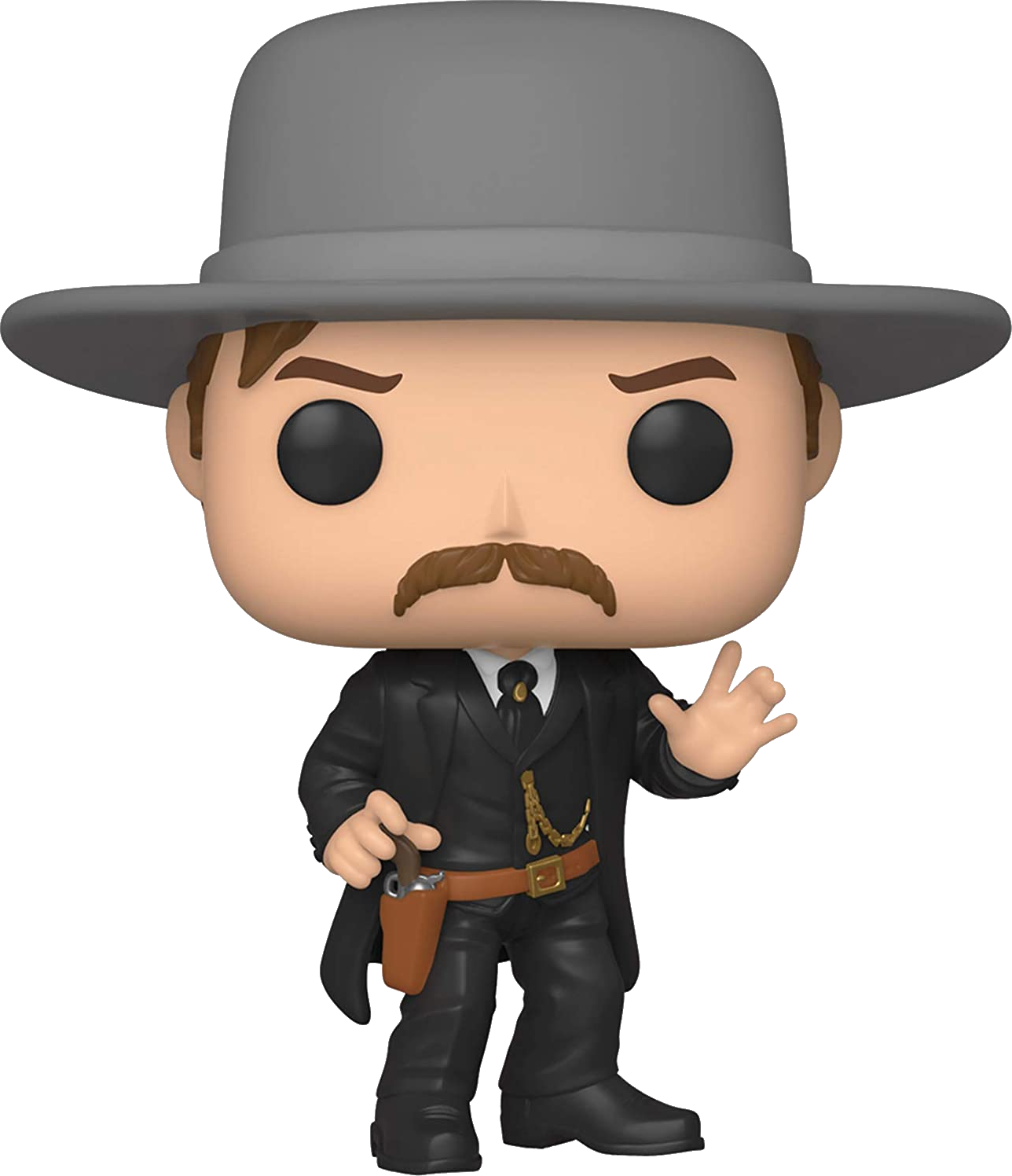 Figurine Funko Pop d'un homme avec moustache et chapeau. Il tient un pistolet.