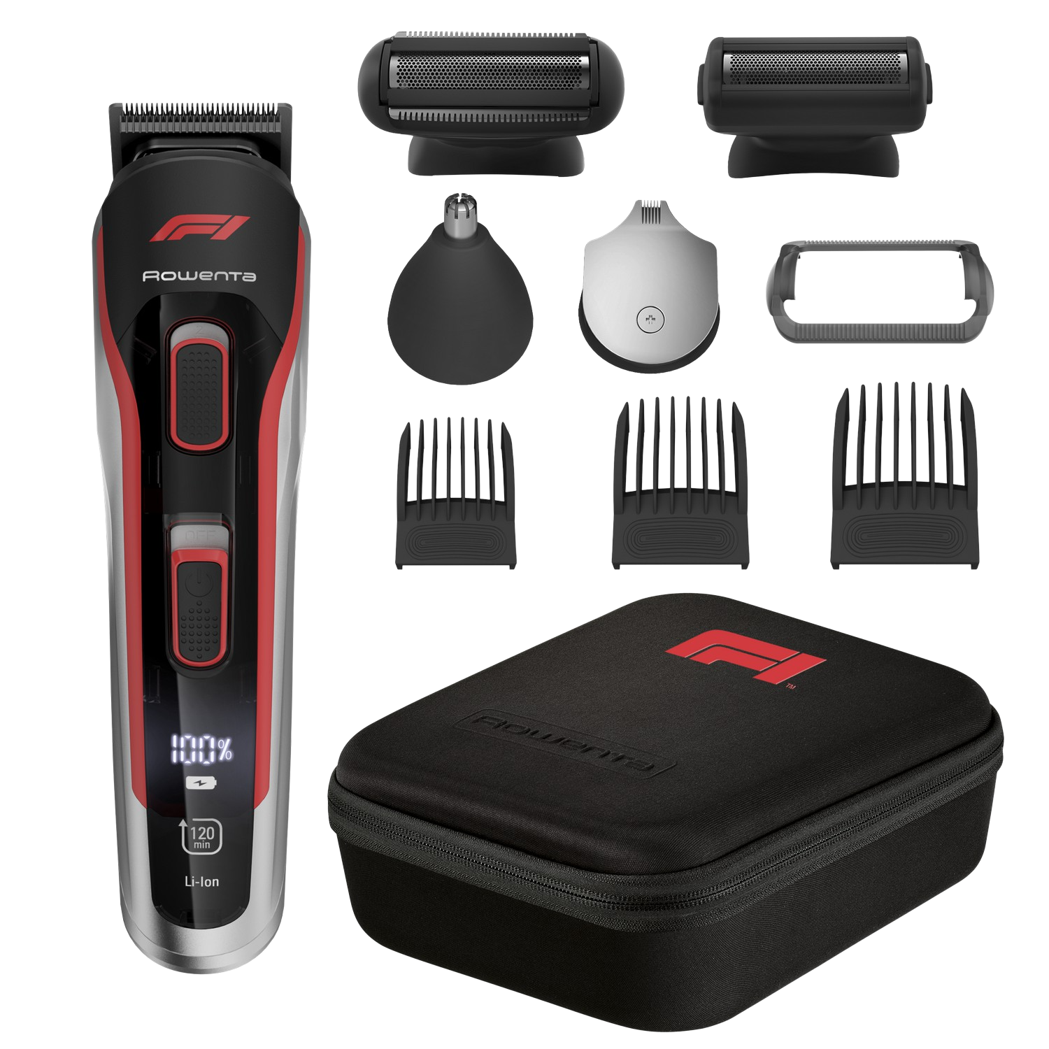 Afeitadora corporal - Rowenta Formula 1® TN944MF0, 10 en 1, 120 min,32 ajustes, Resistente al agua, Revestimiento titanio, Negro y Rojo