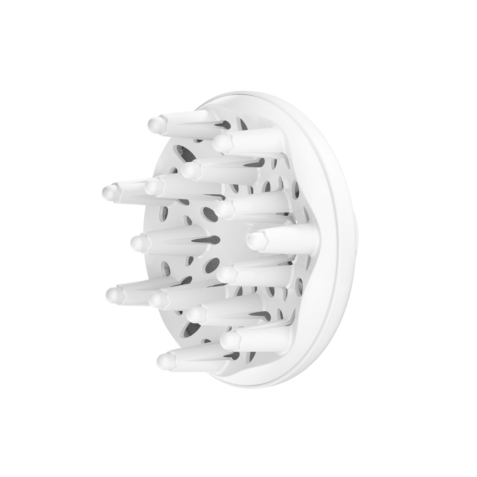 Difusor blanco de secador de pelo con múltiples agujeros y protuberancias.
