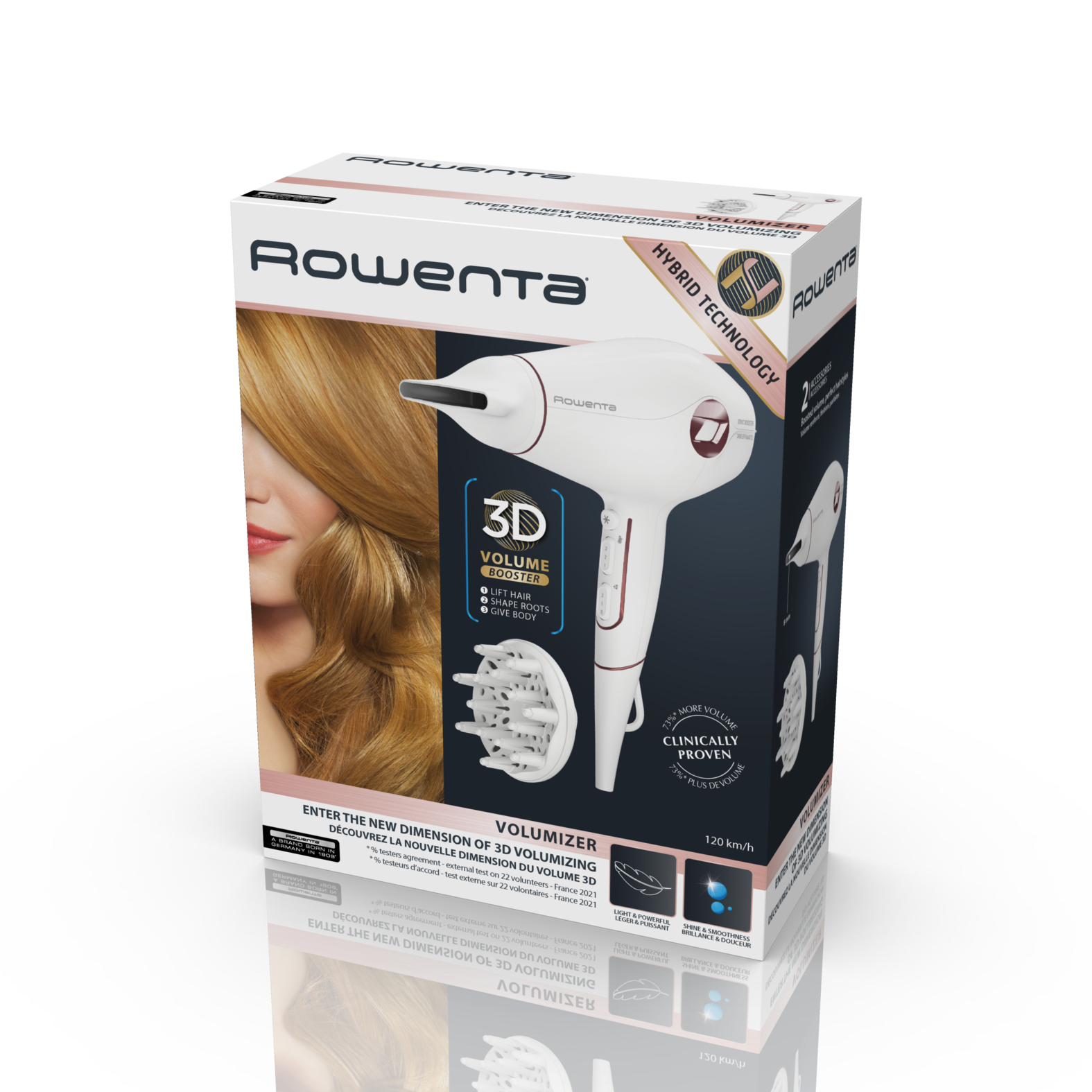 Una caja de secador de pelo Rowenta 3D Volume Booster con imagen de secador blanco y texto en la parte delantera.