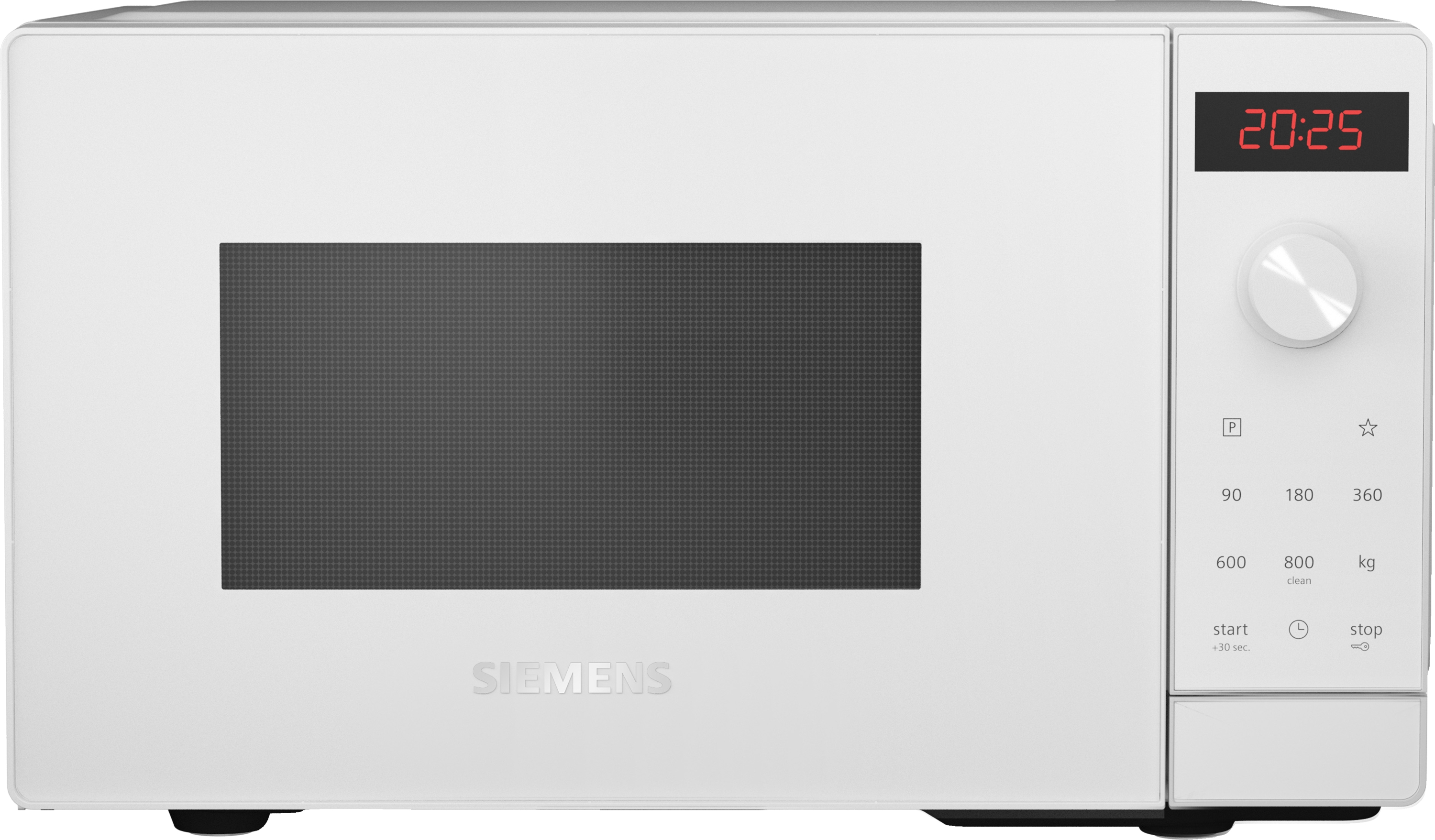 Weißer Siemens Mikrowellenherd mit digitaler Zeitanzeige und Bedienknöpfen.