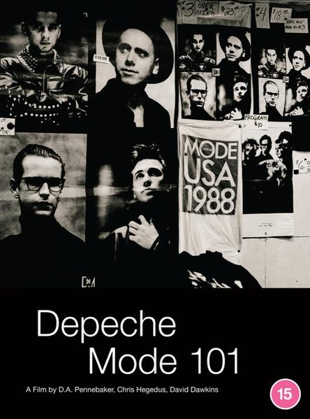Zwart-wit filmposter van Depeche Mode 101. Foto's van mannen worden weergegeven met de titel onderaan.