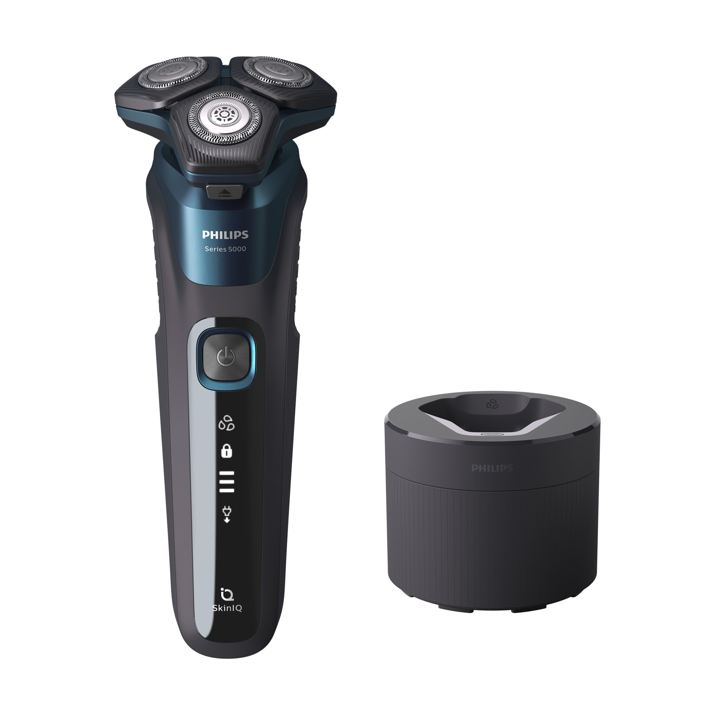 Un rasoir électrique Philips Series 5000 noir et bleu avec un socle de charge.
