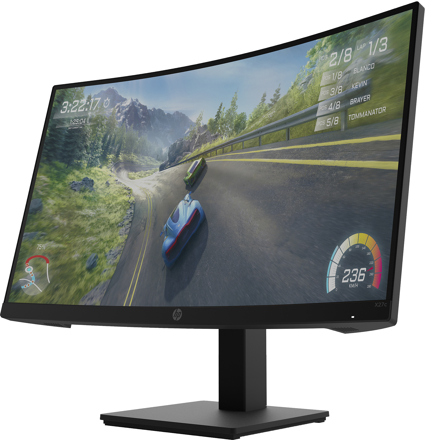 Moniteur de jeu incurvé affichant un jeu de course, montrant une voiture sur une piste.