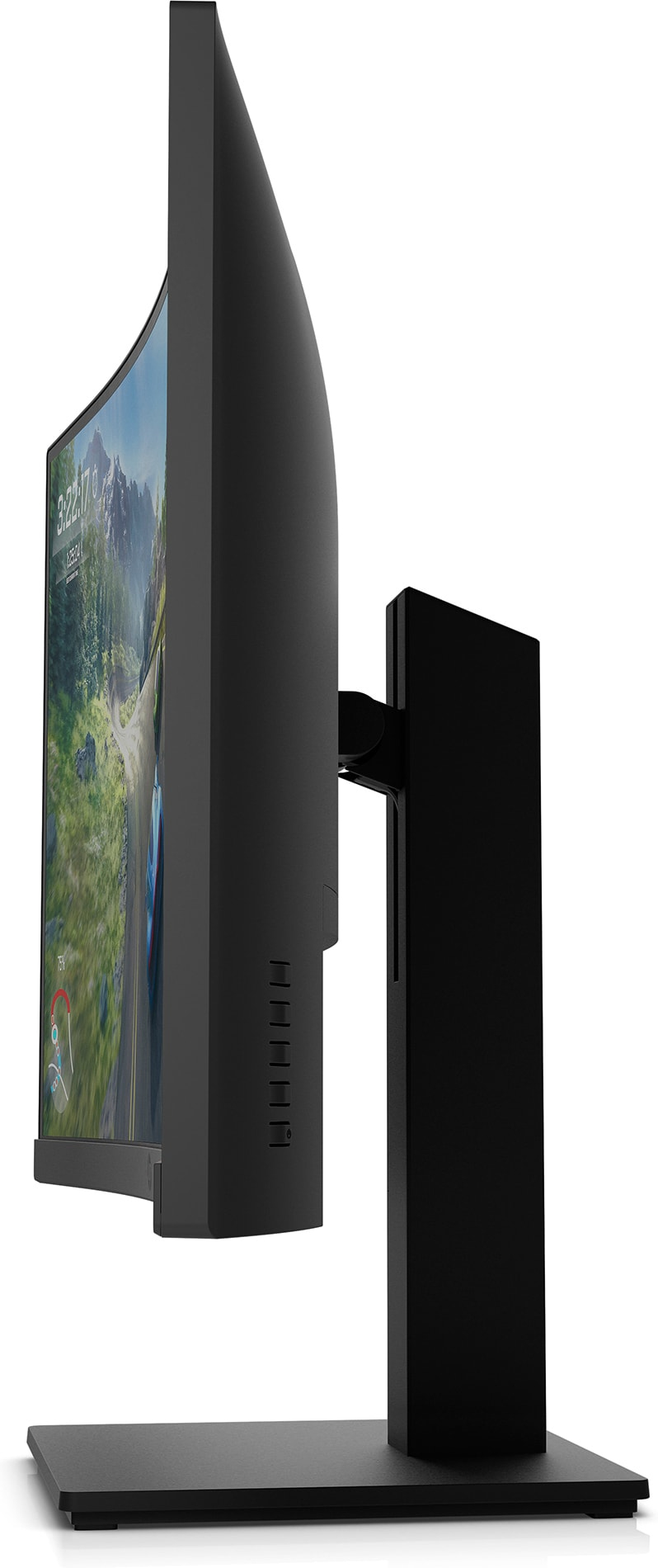 Vue latérale d'un moniteur incurvé avec cadre noir et support.
