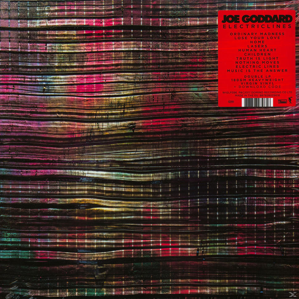 Joe Goddard Electric Lines album borító. Piros háttér szöveggel és grafikai dizájnnal.