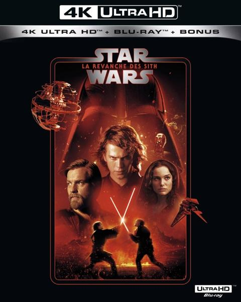 Star Wars: Revenge of the Sith Blu-ray cover. Anakin, Obi-Wan, and Padme are featured. Two figures duel with lightsabers, against a red backdrop.