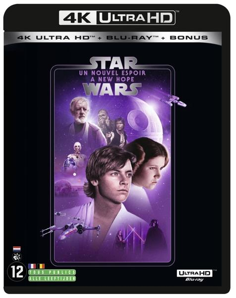 Blu-ray cover of 'Star Wars: A New Hope' with movie characters and a purple background.