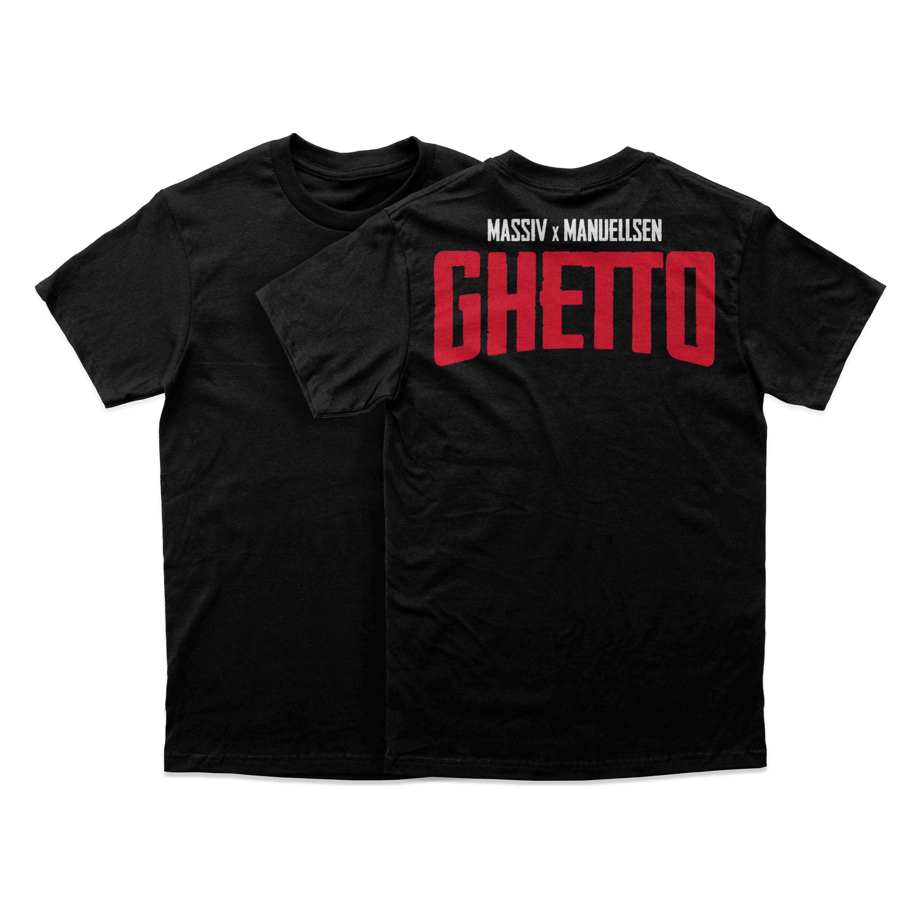 Zwei schwarze T-Shirts mit dem Wort 'GHETTO' in roten Buchstaben auf dem Rücken. Text darüber: MASSIV X MANUELLSEN.