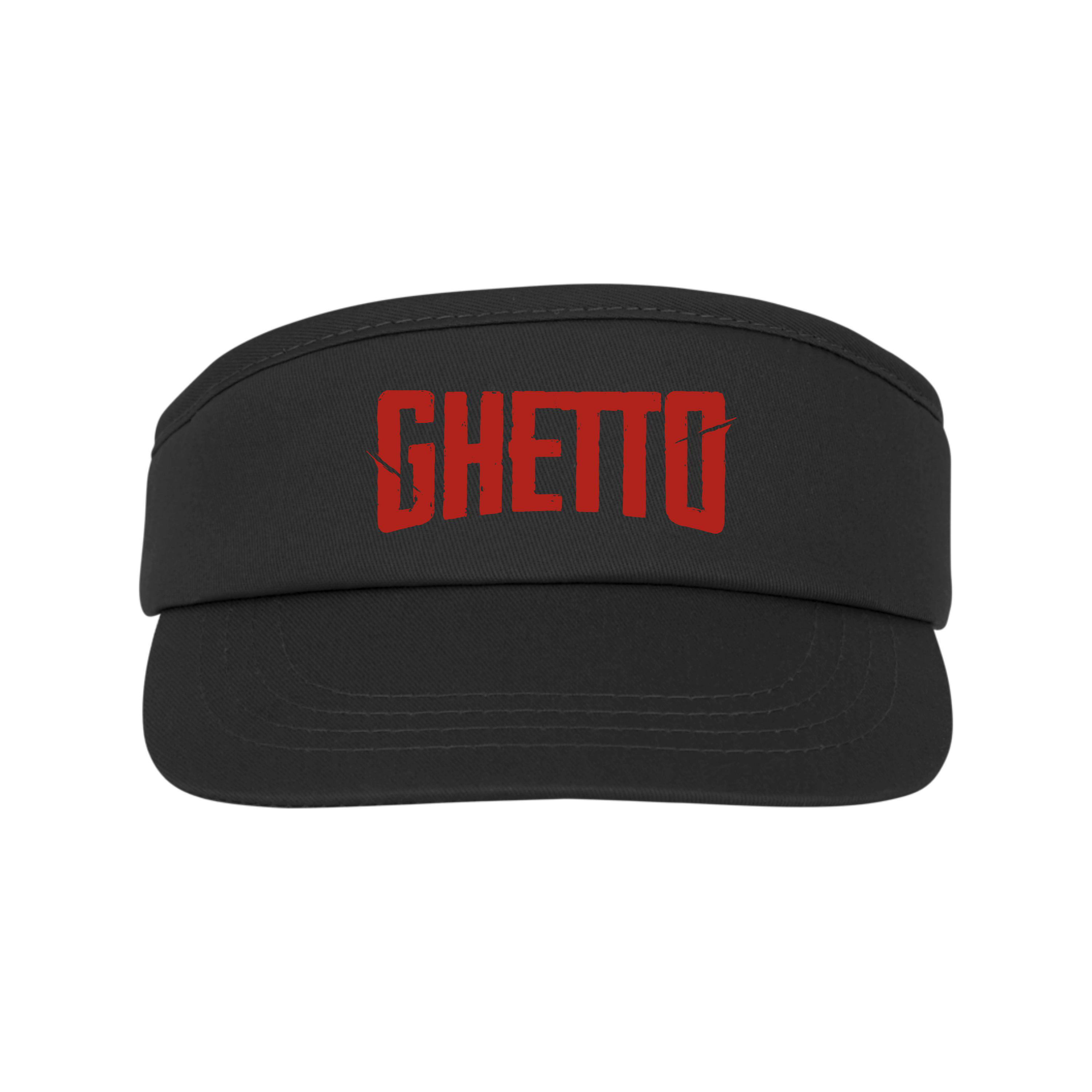 Schwarzes Visier mit dem Wort "GHETTO" in roten, großen, fetten Buchstaben.