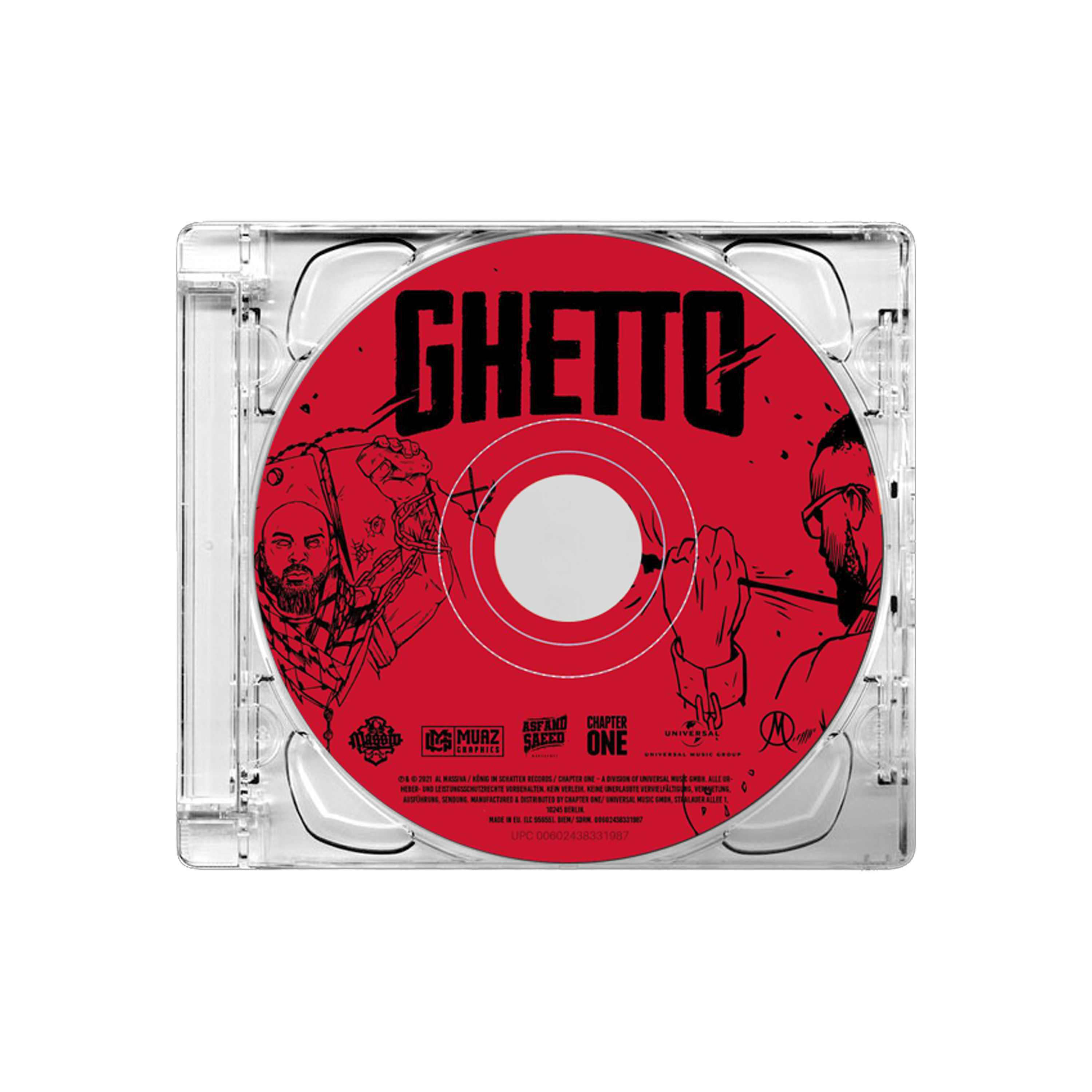 CD mit rotem Label, schwarzem Text und zwei skizzierten Figuren.