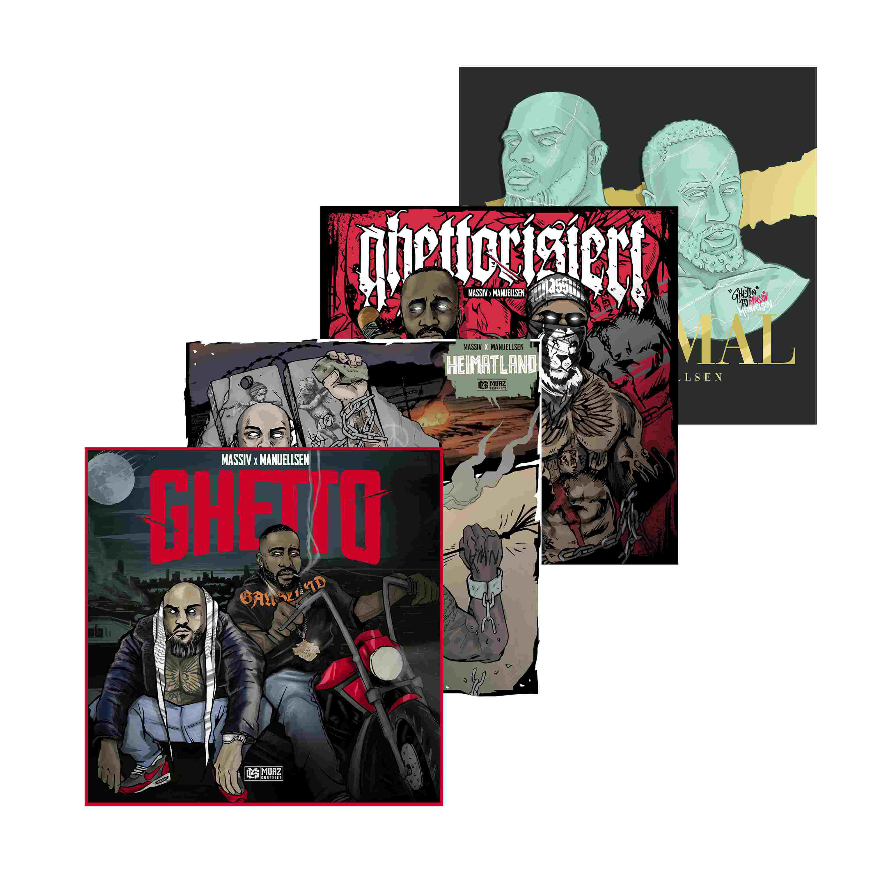 Albumcover eines Musikers, mit verschiedenen Illustrationen und Titeln.