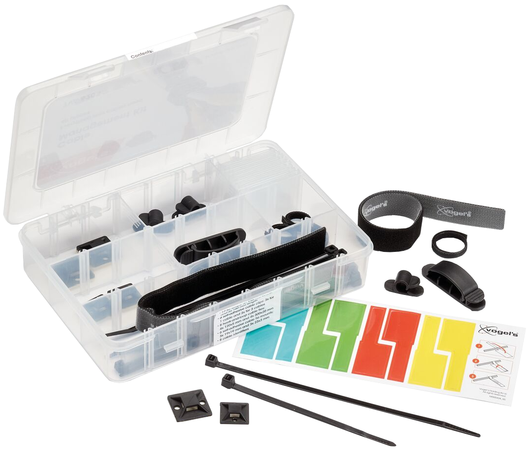 Transparante plastic doos met compartimenten met diverse zwarte kabelmanagementaccessoires.