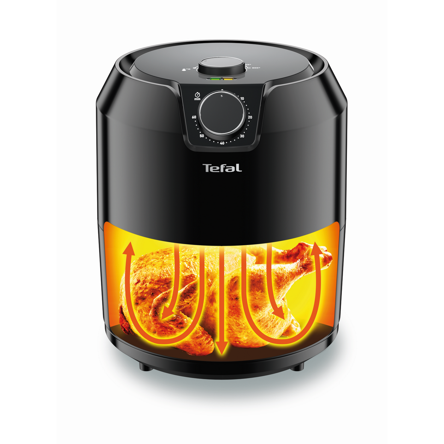 Freidora de aire Tefal negra con imagen de pollo en el interior. El proceso de calentamiento interno se visualiza.