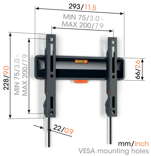 Diagram of a TV wall mount, with dimensions in mm and inches. Gray and black color scheme.