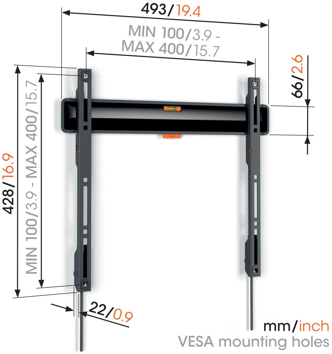 Technical drawing of a TV mount. Dimensions in mm/inch are labeled. Mounting hole details are shown.