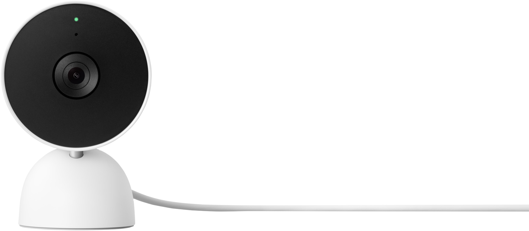 Witte en zwarte Google Nest Cam. Zwarte ronde camerakop, witte basis en een dunne witte kabel.