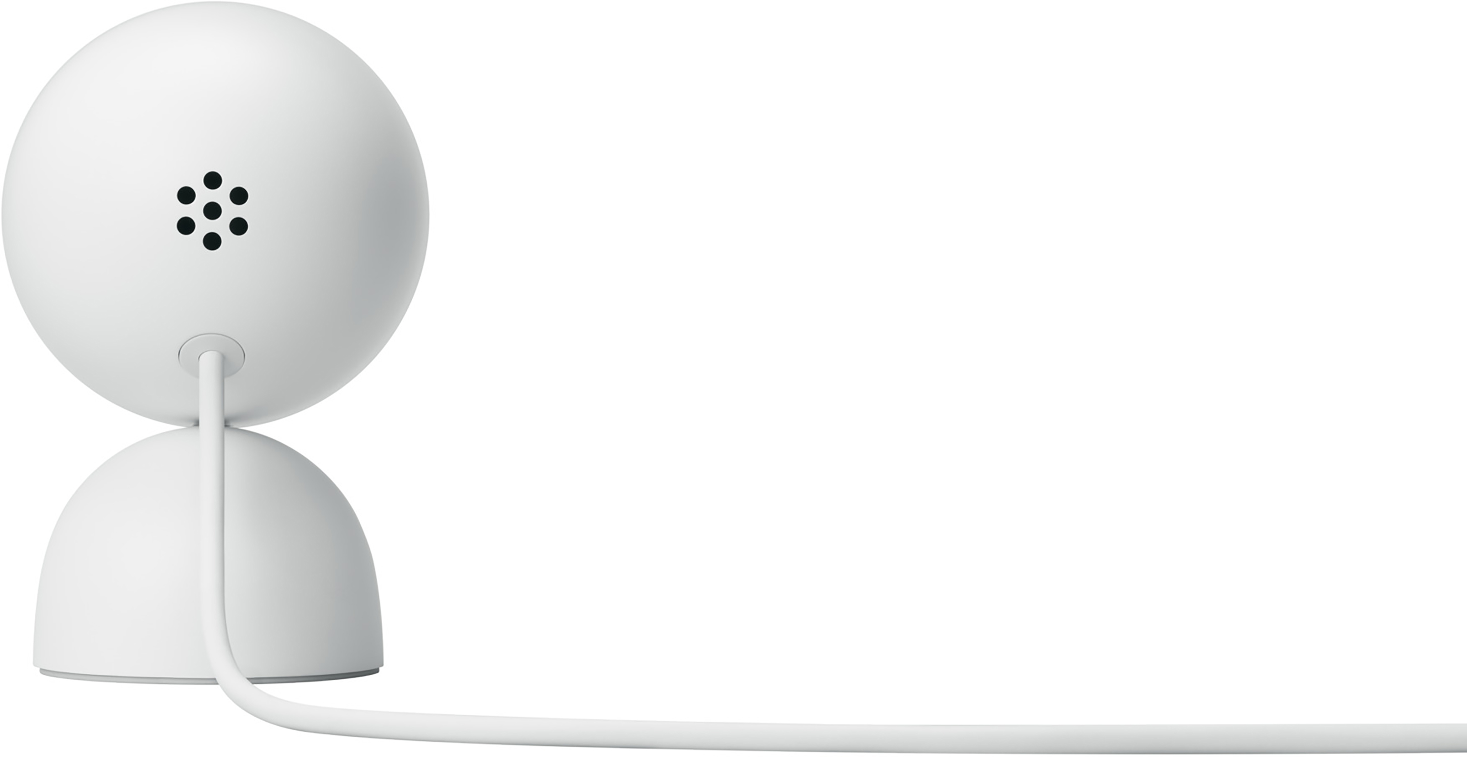 Witte, bolvormige beveiligingscamera met draad, van achteren bekeken.