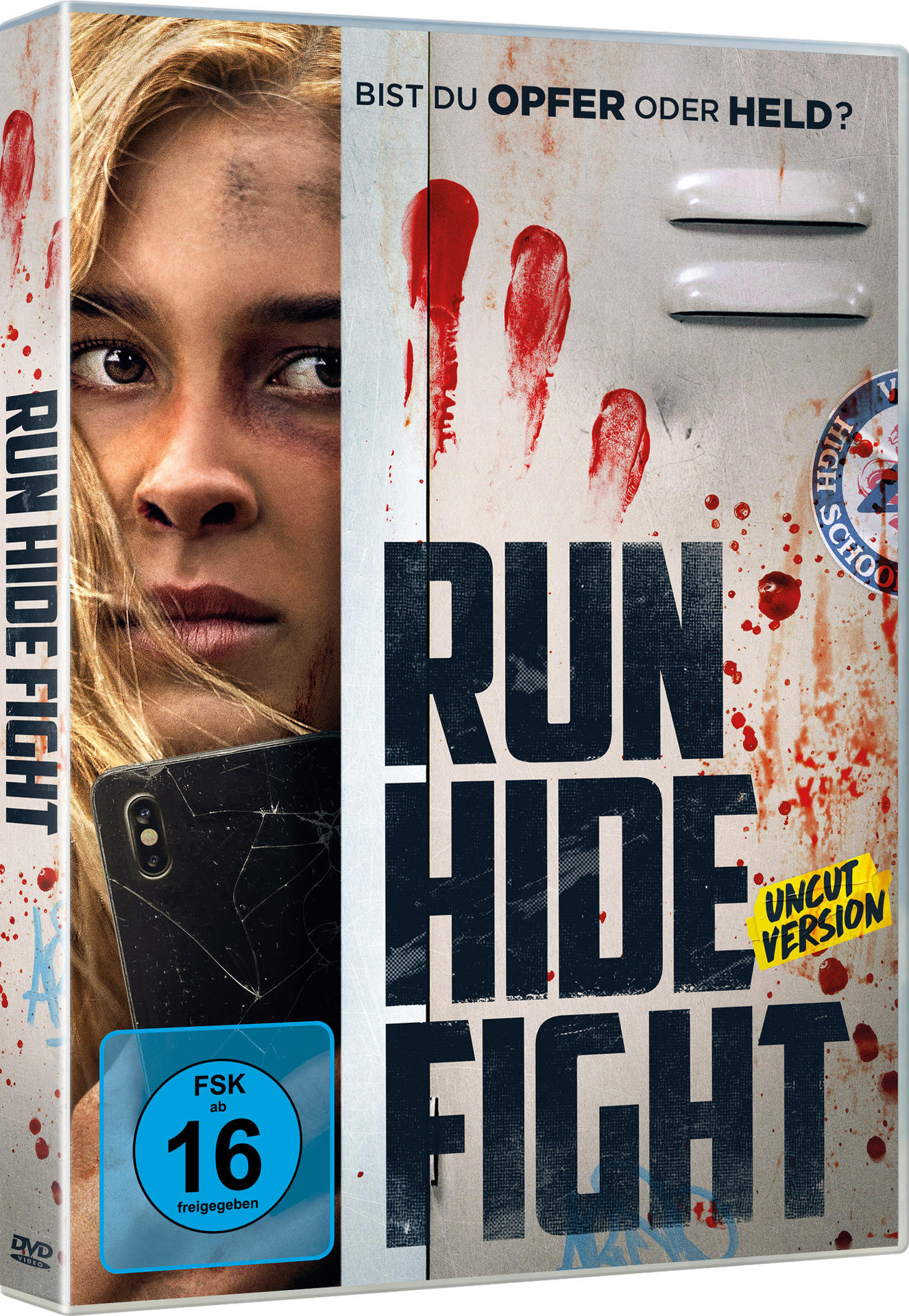 Filmcover: Eine Frau mit blauem Gesicht, hält ein zerbrochenes Telefon, mit Blut und Text.