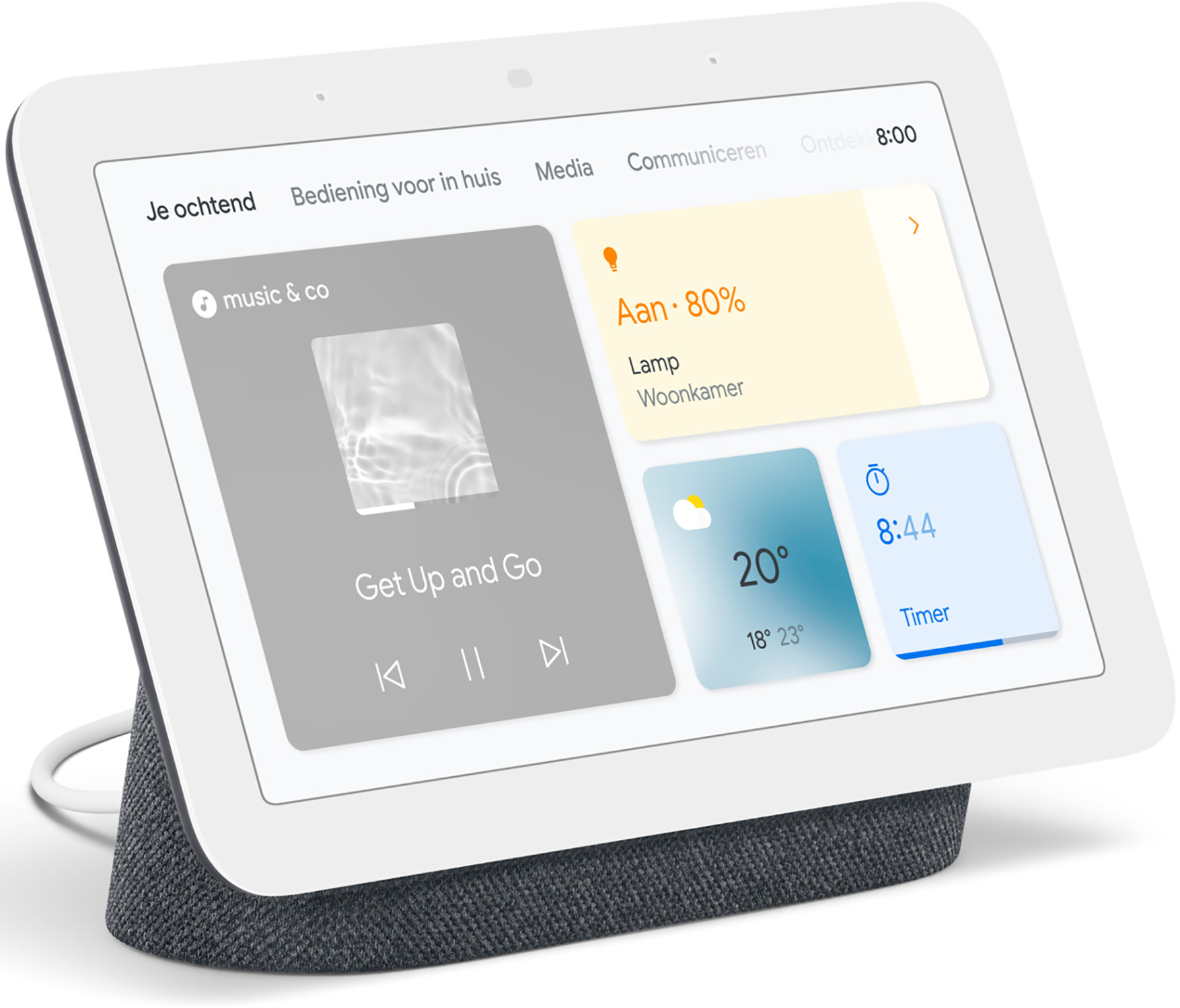 Google Nest Hub met een wit scherm met informatie en een timer.