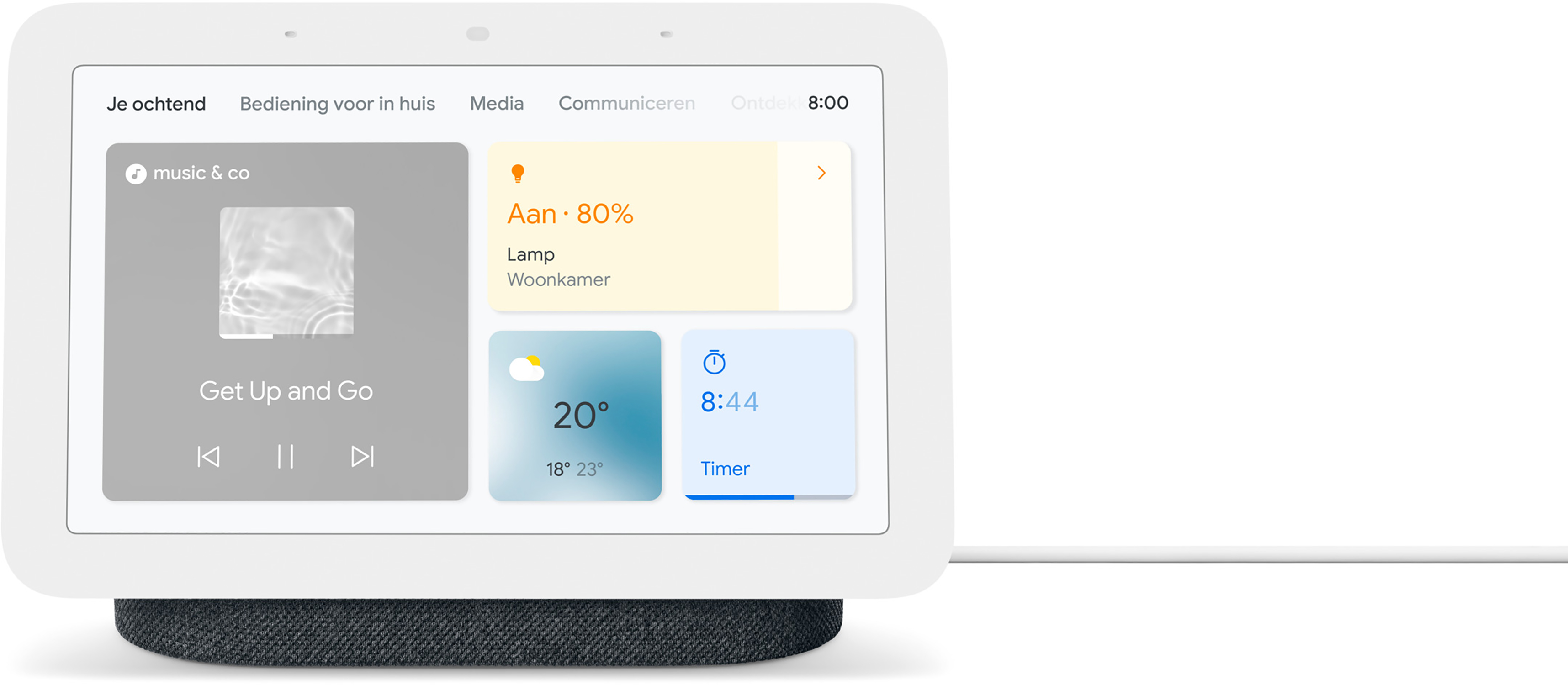 Witte Google Nest Hub, met een smart home-interface, witte kabel.