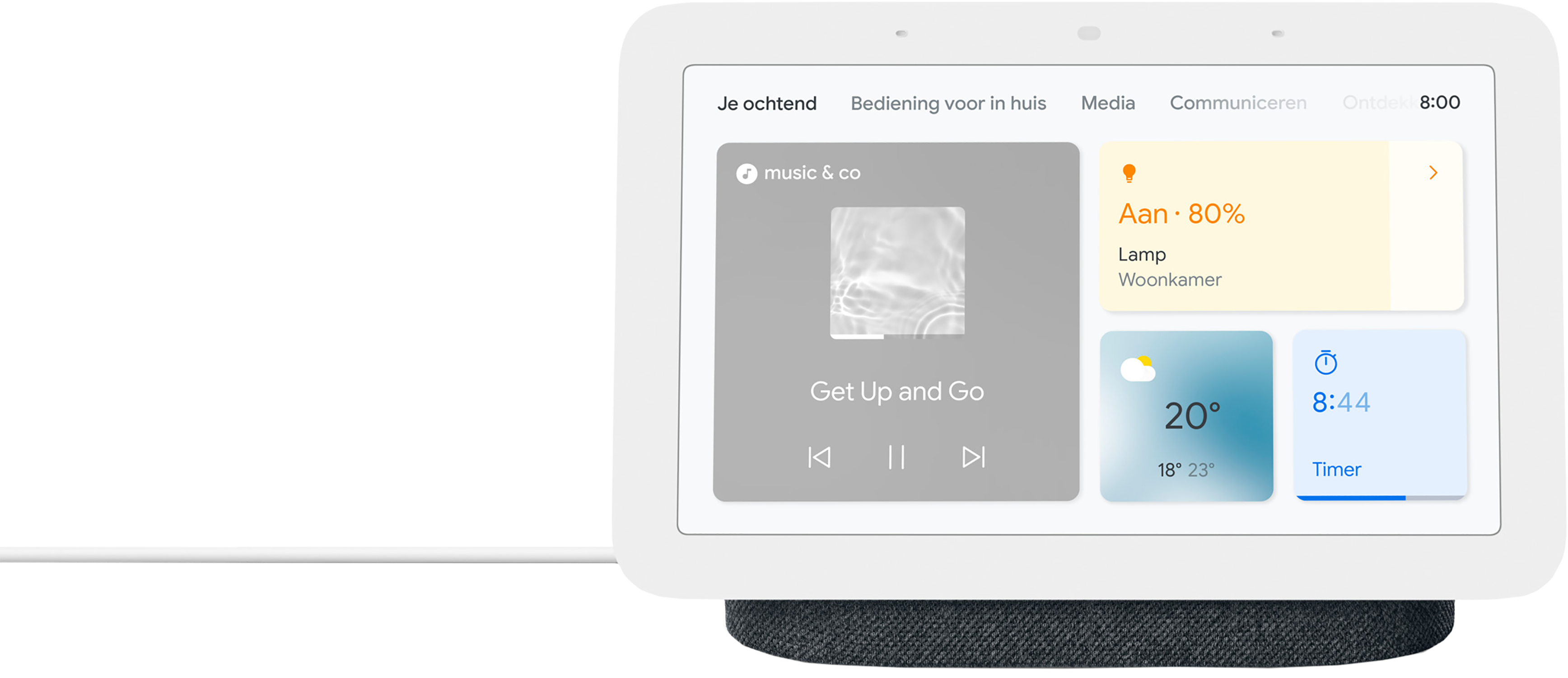 Een Google Nest Hub wordt getoond. Het toont slimme bedieningselementen voor thuis, muziek en de tijd.