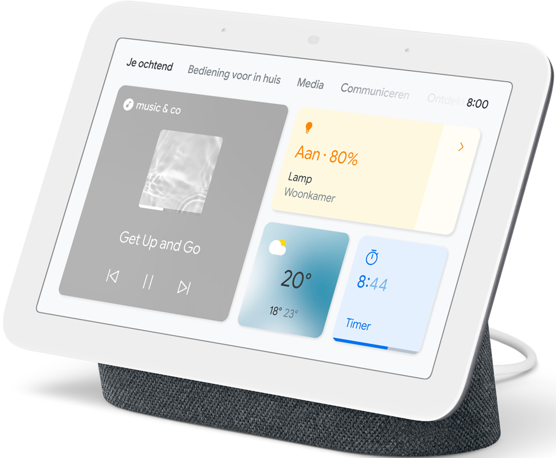 Een wit smart display-apparaat met een donkergrijze basis. Het scherm toont pictogrammen en informatie.