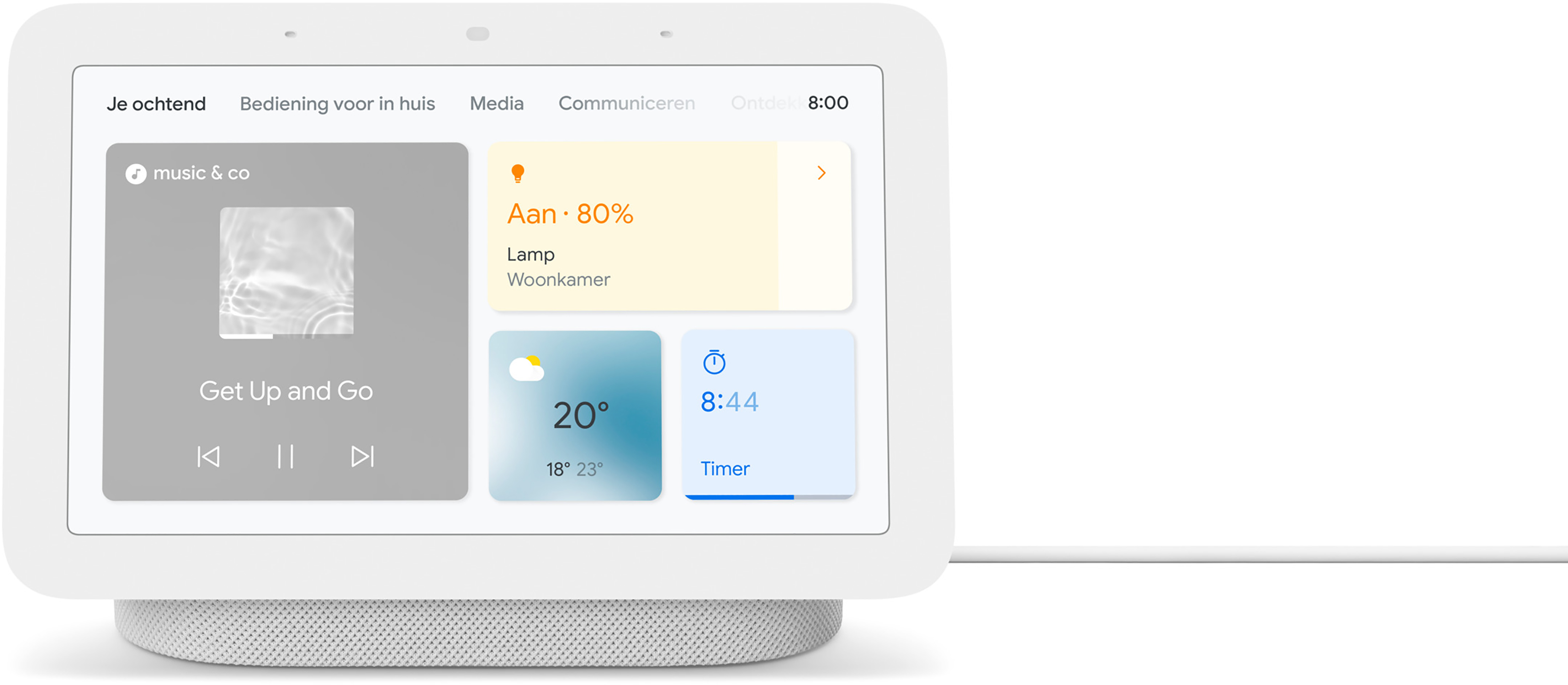 Witte Google Nest Hub smart display, met het startscherm.