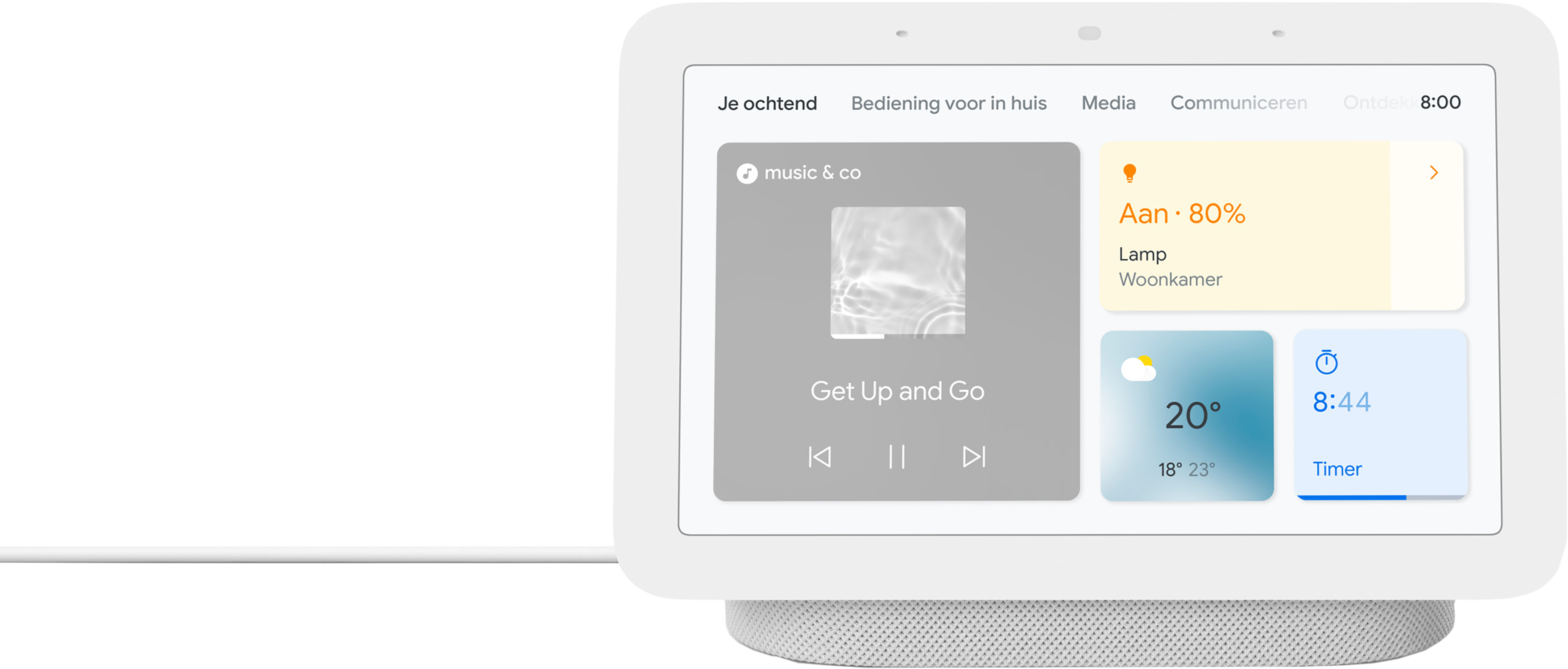 Een wit slimme-huis-apparaat met een scherm en pictogrammen.
