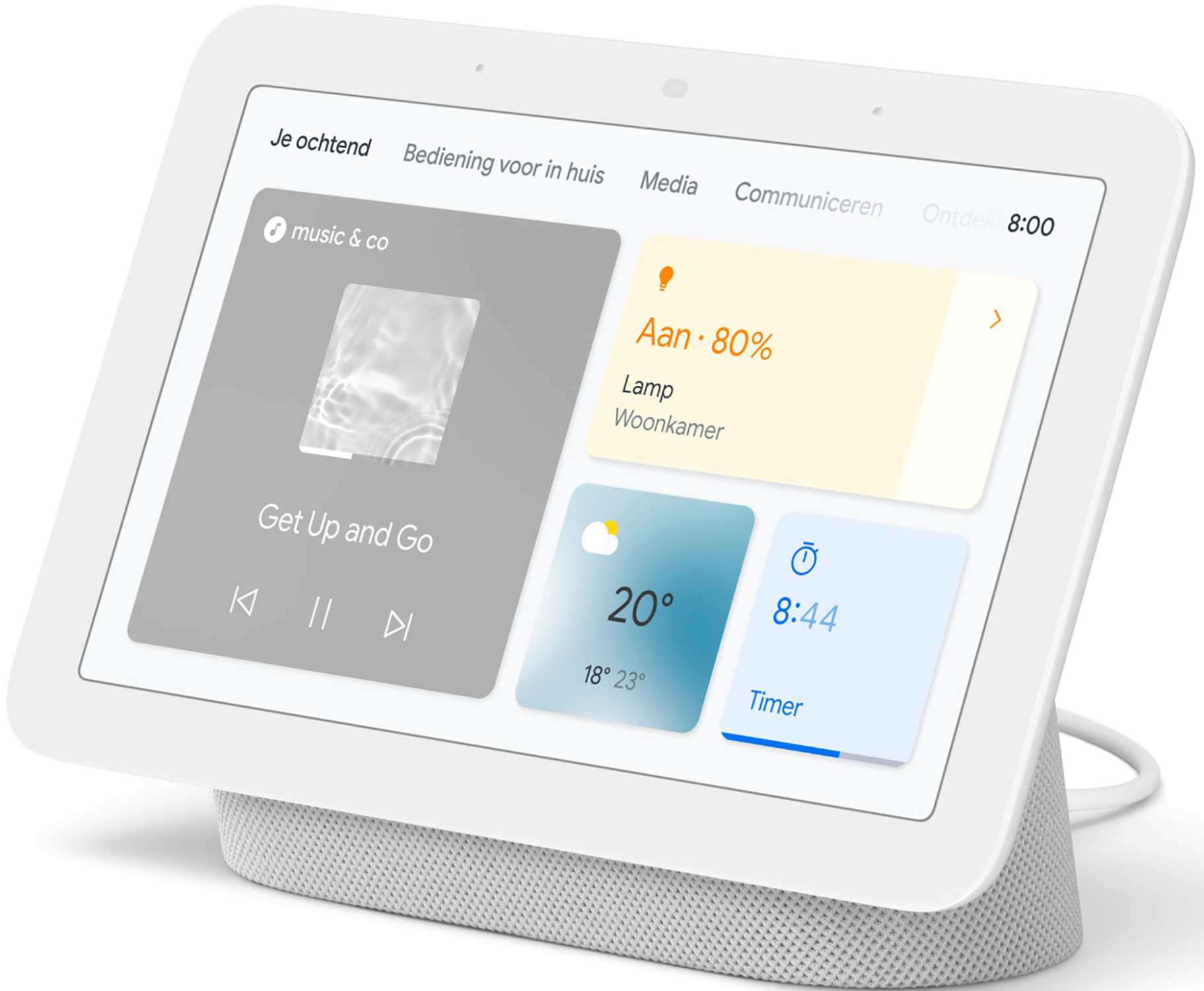 Een wit Google Nest Hub slim display, met verschillende widgets en informatie.
