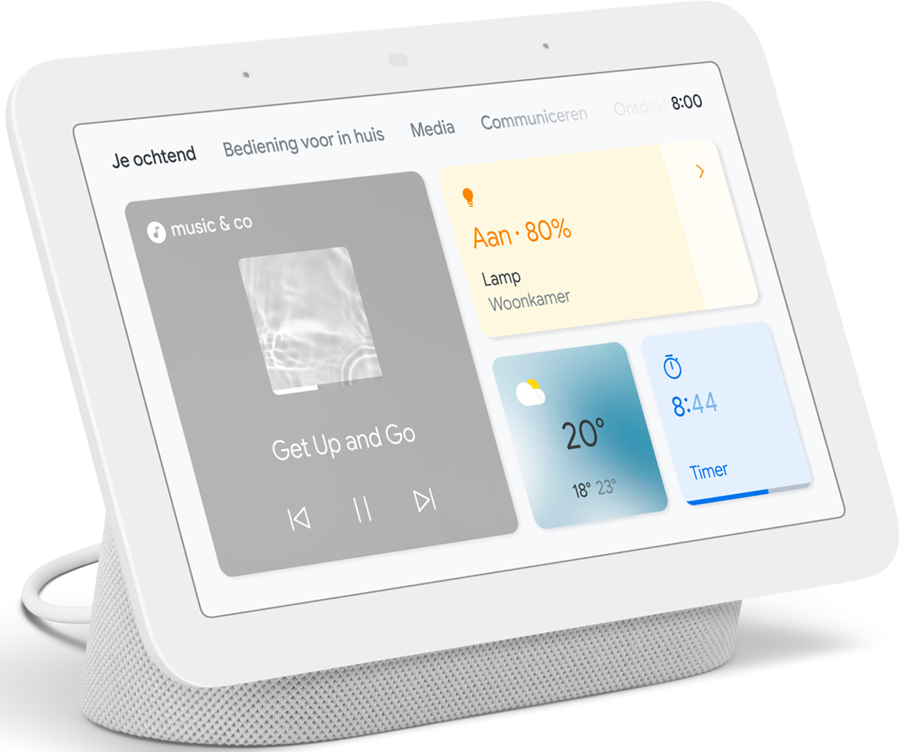 Wit smart home-apparaat met een touchscreen.